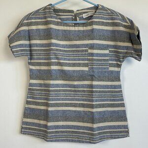 Linen Lux Women Blue Striped Short Sleeve Top Blouse Size XS Pocket Boxy Keyhole